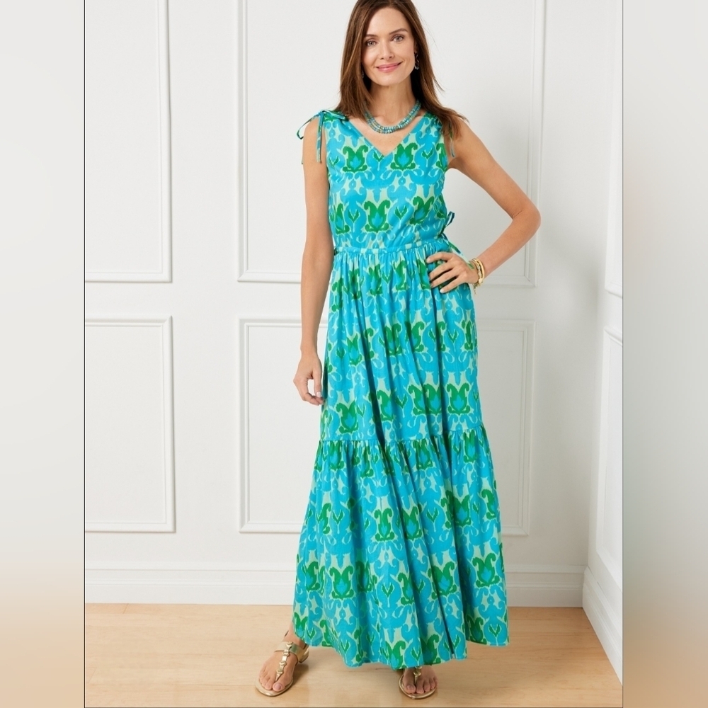 Talbots Ikat Medallion Tiered Teal Green Cotton Casual Summer Maxi Dress Sz 16P